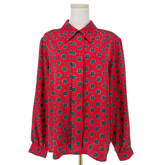 Vintage 1980s Satin Jacquard Printed Button Front Shirt Women 16 XL Red Brocade - Picture 1 of 10